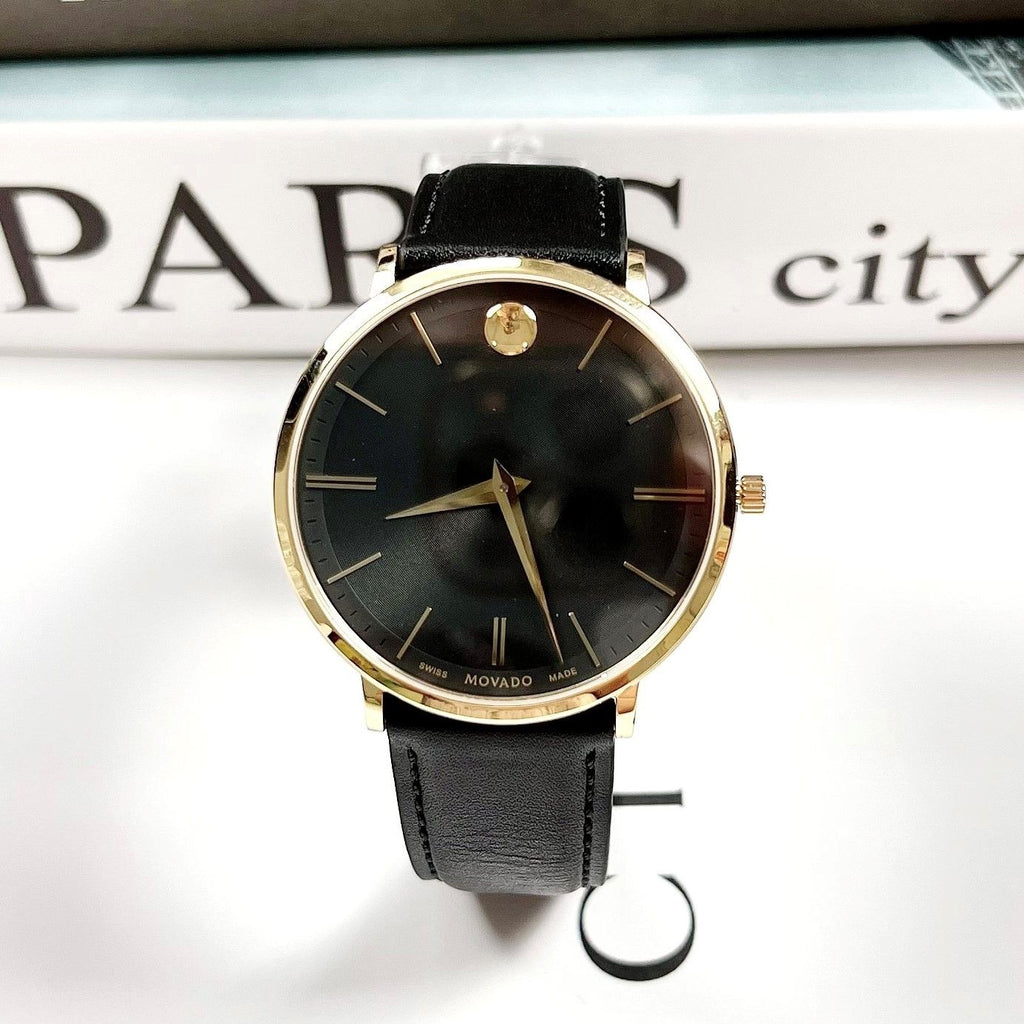Movado Ultra Slim Black Dial Black Leather Strap Watch For Men - 0607087 Buy Now By Movado