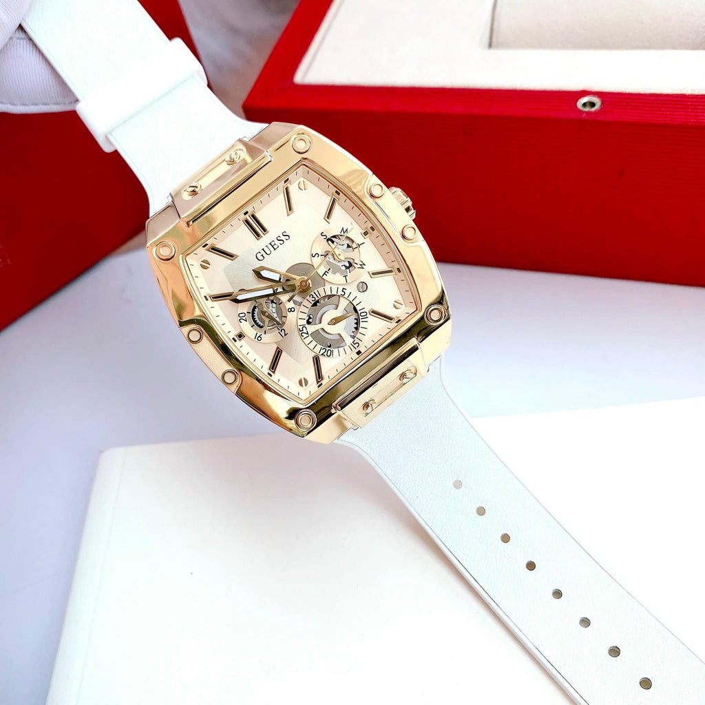 Guess Phoenix Multifunction Gold Dial White Leather Strap Watch for Men - GW0202G6 Buy Now By Guess