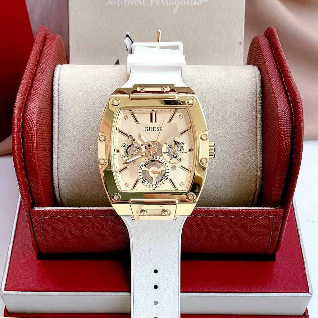 Guess Phoenix Multifunction Gold Dial White Leather Strap Watch for Men - GW0202G6 Buy Now By Guess