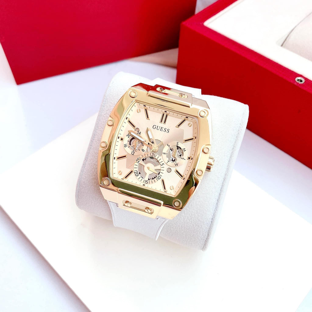 Guess Phoenix Multifunction Gold Dial White Leather Strap Watch for Men - GW0202G6 Buy Now By Guess