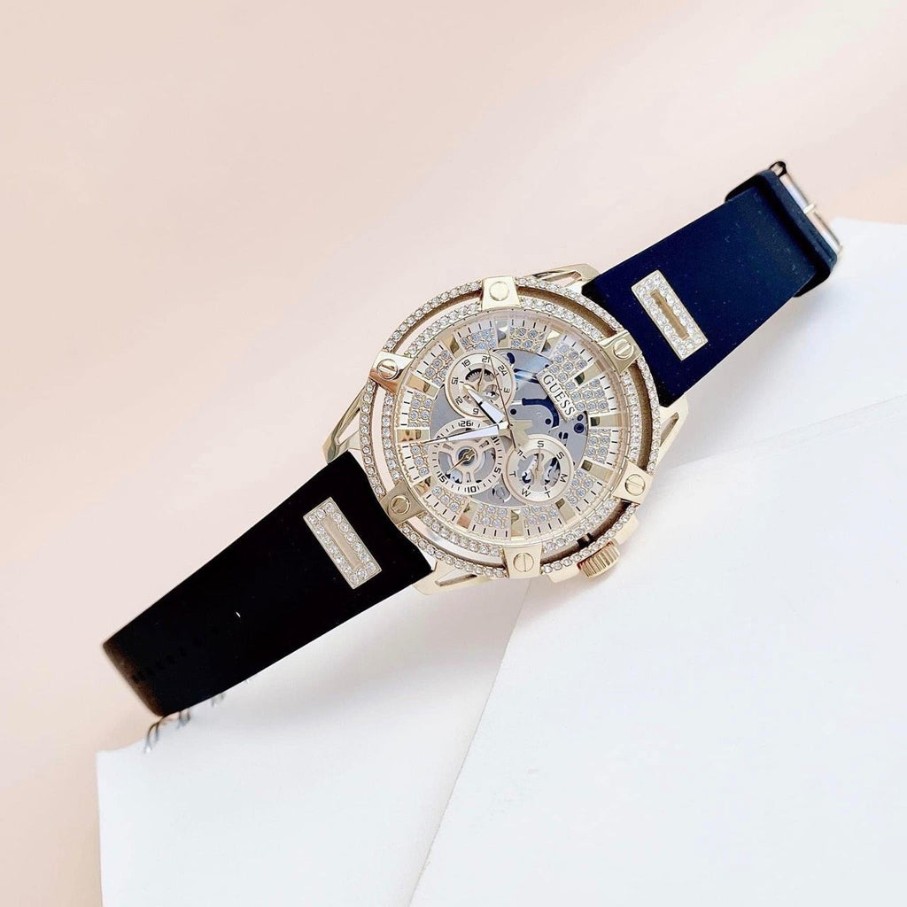 Guess King Quartz Crystals Gold Dial Black Silicone Strap Watch For Men - GW0537G2 Buy Now By Guess
