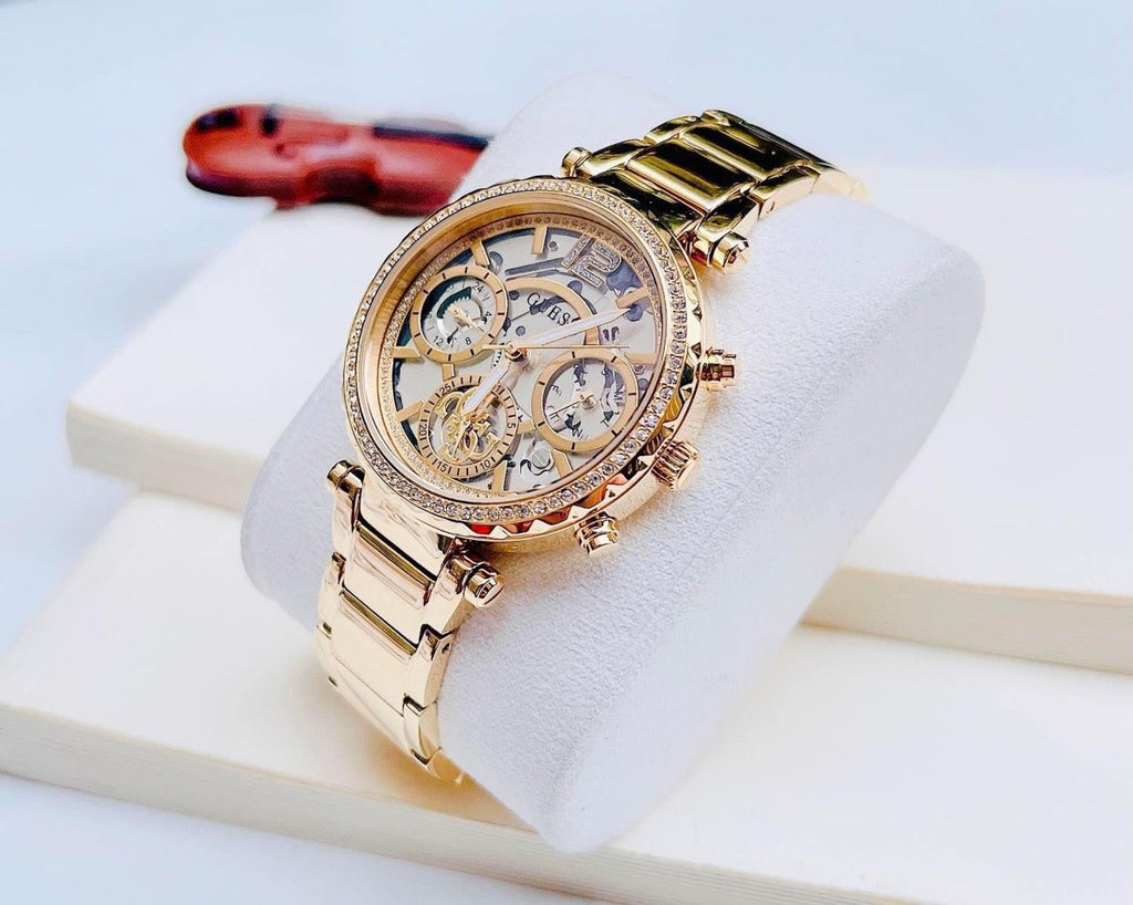 Guess Solstice Diamonds Gold Dial Gold Steel Strap Watch for Women - GW0403L2 Buy Now By Guess