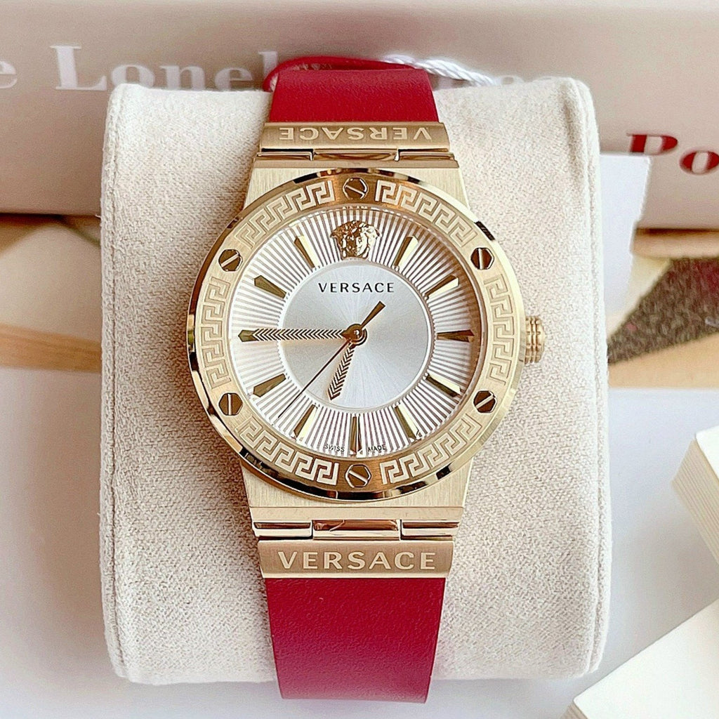 Versace Greca Silver Dial Red Leather Strap Watch for Women - VEVH00420 Buy Now By Versace