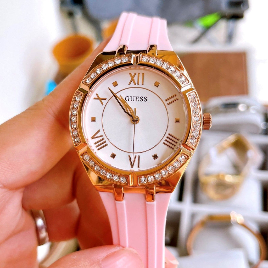 Guess Cosmo Diamonds Silver Dial Pink Silicone Strap Watch for Women - GW0034L3 Buy Now By Guess