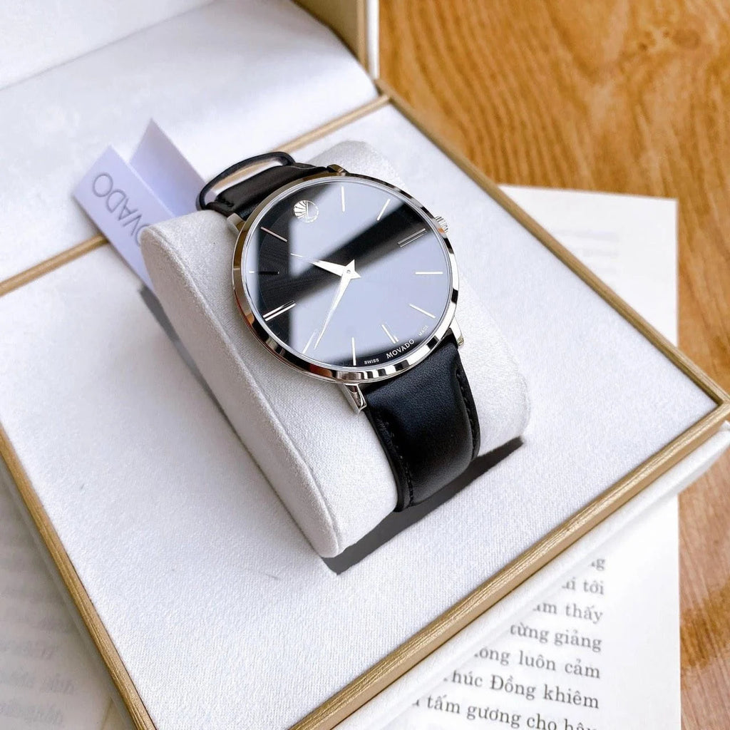 Movado Ultra Slim Black Dial Black Leather Strap Watch For Men - 0607086 Buy Now By Movado