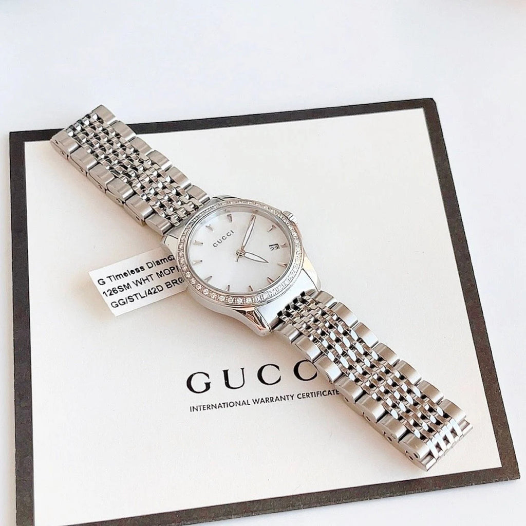 Gucci G Timeless Diamonds Mother of Pearl Dial Silver Steel Strap Watch For Women - YA126506 Buy Now By Gucci