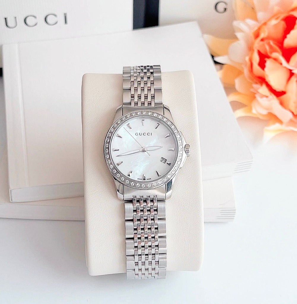 Gucci G Timeless Diamonds Mother of Pearl Dial Silver Steel Strap Watch For Women - YA126506 Buy Now By Gucci