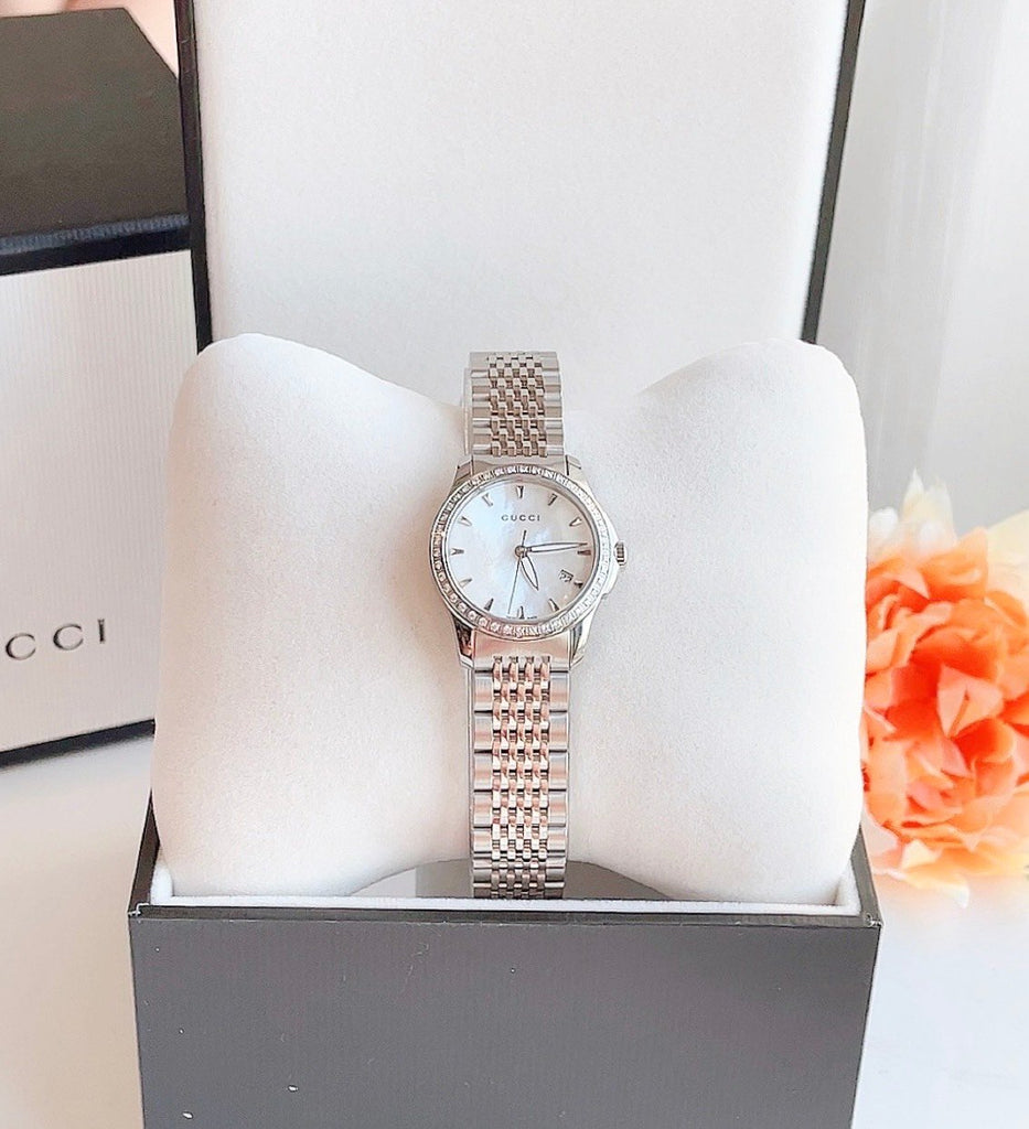 Gucci G Timeless Diamonds Mother of Pearl Dial Silver Steel Strap Watch For Women - YA126506 Buy Now By Gucci