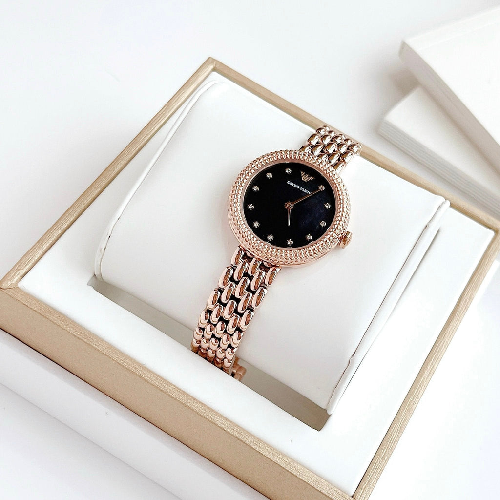 Emporio Armani Rosa Quartz Mother of Pearl Black Dial Rose Gold Steel Strap Watch For Women - AR11372 Buy Now By Emporio Armani