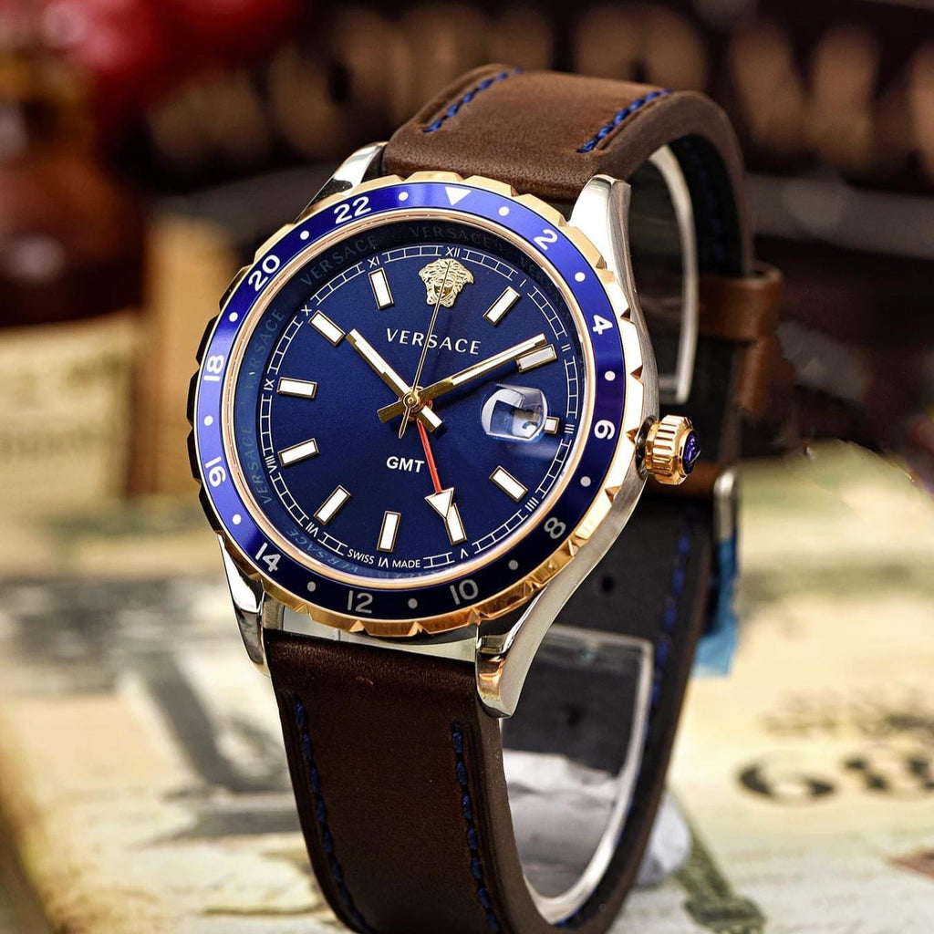 Versace Hellenyium GMT Blue Dial Brown Leather Strap Watch for Men - V11080017 Buy Now By Versace