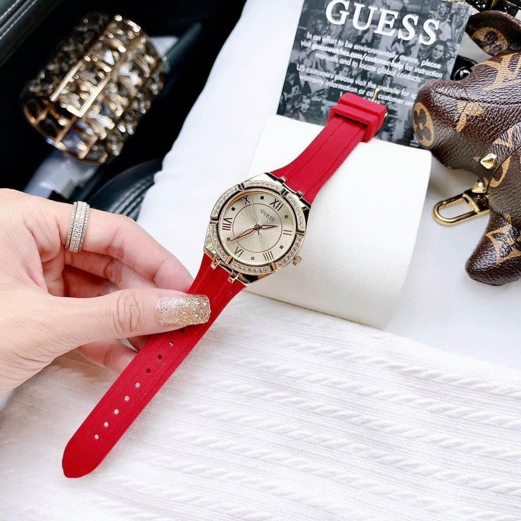 Guess Cosmo Diamonds Gold Dial Red Rubber Strap Watch for Women - GW0034L6 Buy Now By Guess