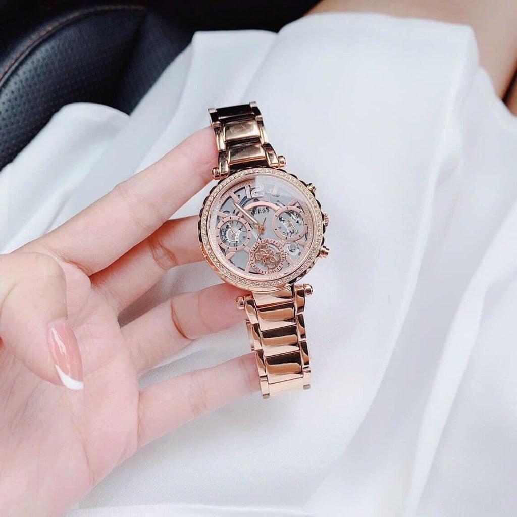 Guess Solstice Diamonds Rose Gold Dial Rose Gold Steel Strap Watch for Women - GW0403L3 Buy Now By Guess