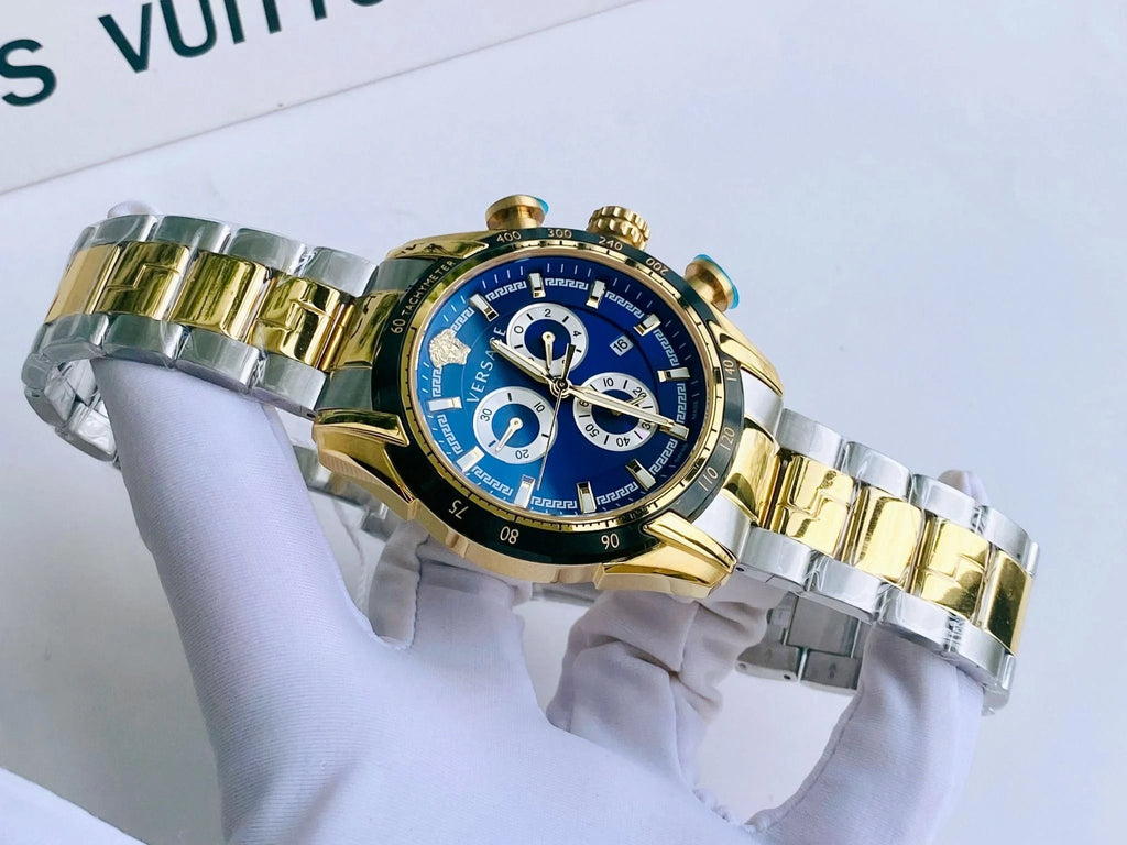 Versace V-Ray Chronograph Quartz Blue Dial Two Tone Steel Strap Watch For Men - VE2I01021 Buy Now By Versace