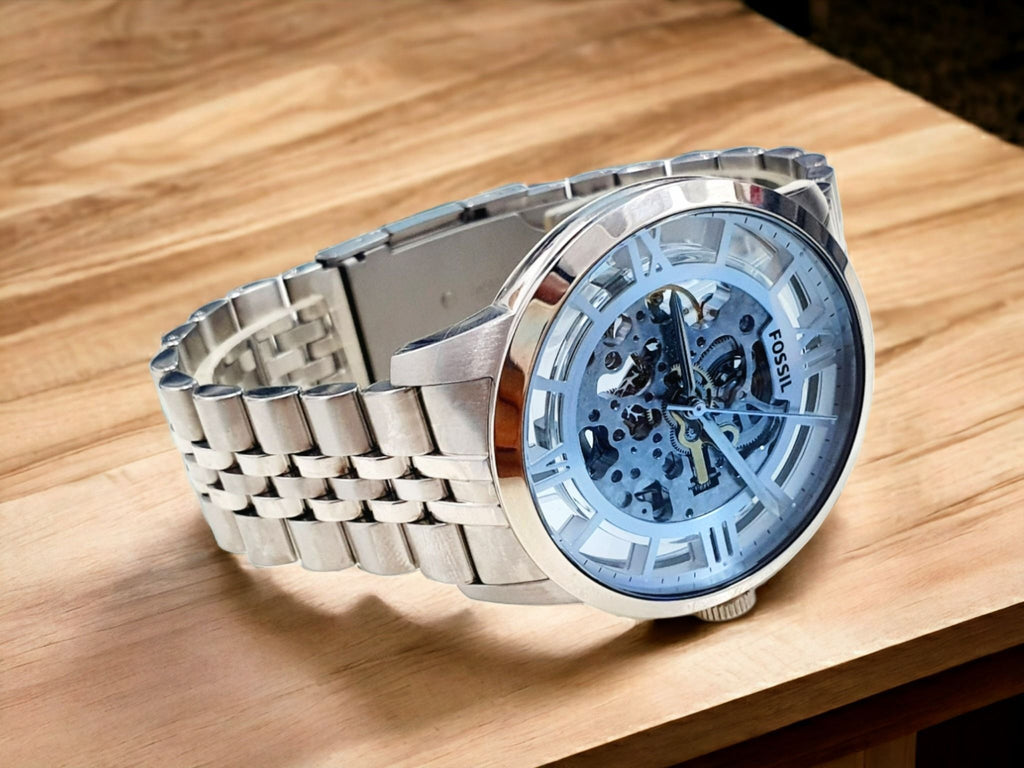 Fossil Townsman Automatic Skeleton Blue Dial Silver Steel Strap Watch for Men - ME3073 Buy Now By Fossil
