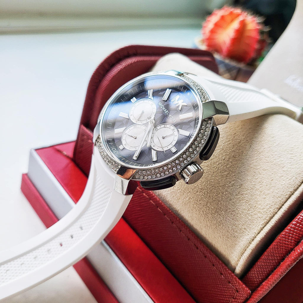 Michael Kors Sidney Multifunction Black Dial White Silicone Strap Watch For Women - MK6947 Buy Now By Michael Kors