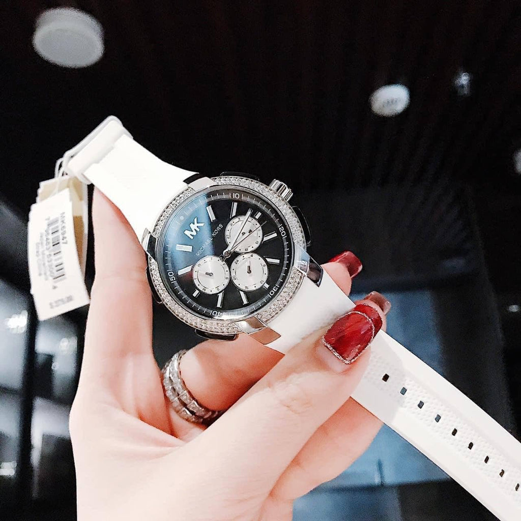 Michael Kors Sidney Multifunction Black Dial White Silicone Strap Watch For Women - MK6947 Buy Now By Michael Kors