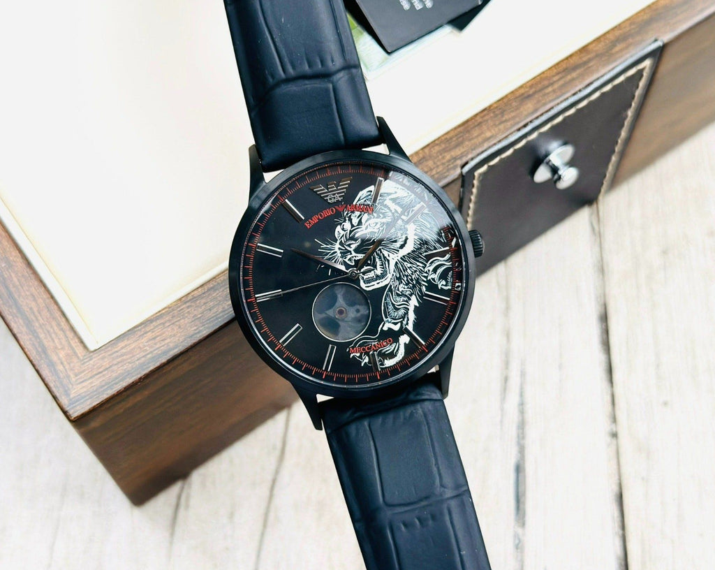 Emporio Armani Meccanico Skeleton Black Dial Black Leather Strap Watch For Men - AR60046 Buy Now By Emporio Armani