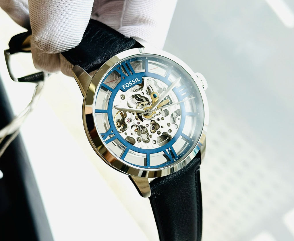 Fossil Townsman Automatic Skeleton Blue Dial Black Leather Strap Watch for Men - ME3200 Buy Now By Fossil