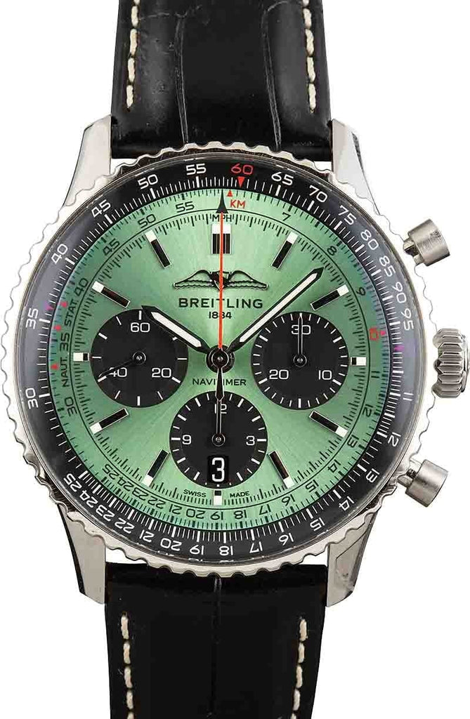 Breitling Navitimer B01 Chronograph 43 Green Dial Black Leather Strap Watch for Men - AB0138241L1P1 Buy Now By Breitling