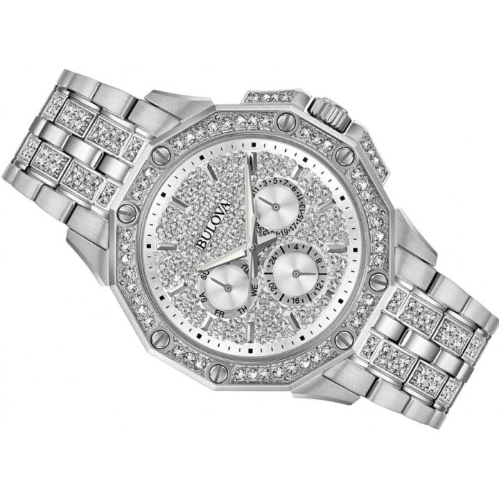 Bulova Crystal Collection Pave Silver Dial with Crystals Silver Steel Strap Watch for Men - 96C134 Buy Now By Bulova