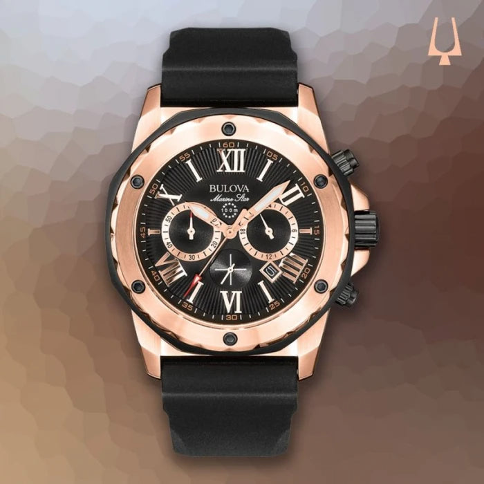 Bulova Marine Star Chronograph Black Dial Black Rubber Strap Watch for Men - 98B104 Buy Now By Bulova