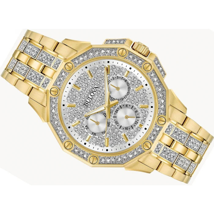 Bulova Crystal Collection Octova White Dial Gold Steel Strap Watch for Men - 98C126 Buy Now By Bulova
