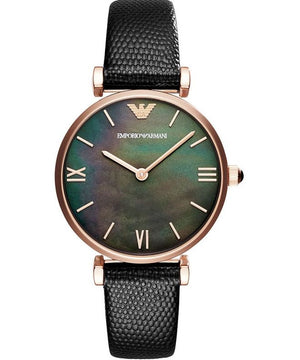 Emporio Armani Gianni T Bar Black Mother of Pearl Dial Black Leather Strap Watch For Women - AR11060 Buy Now By Emporio Armani