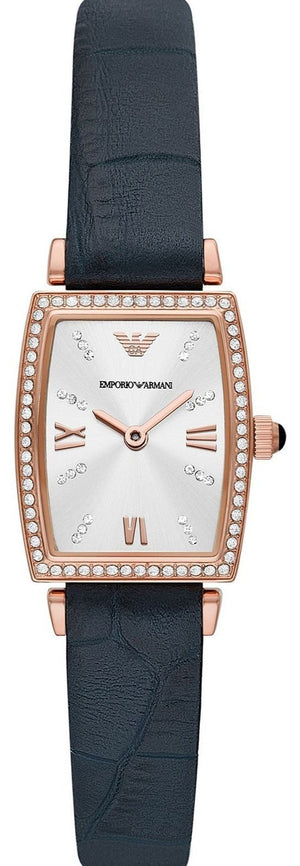 Emporio Armani Gianni T Bar Crystals Silver Dial Blue Leather Strap Watch For Women - AR11469 Buy Now By Emporio Armani