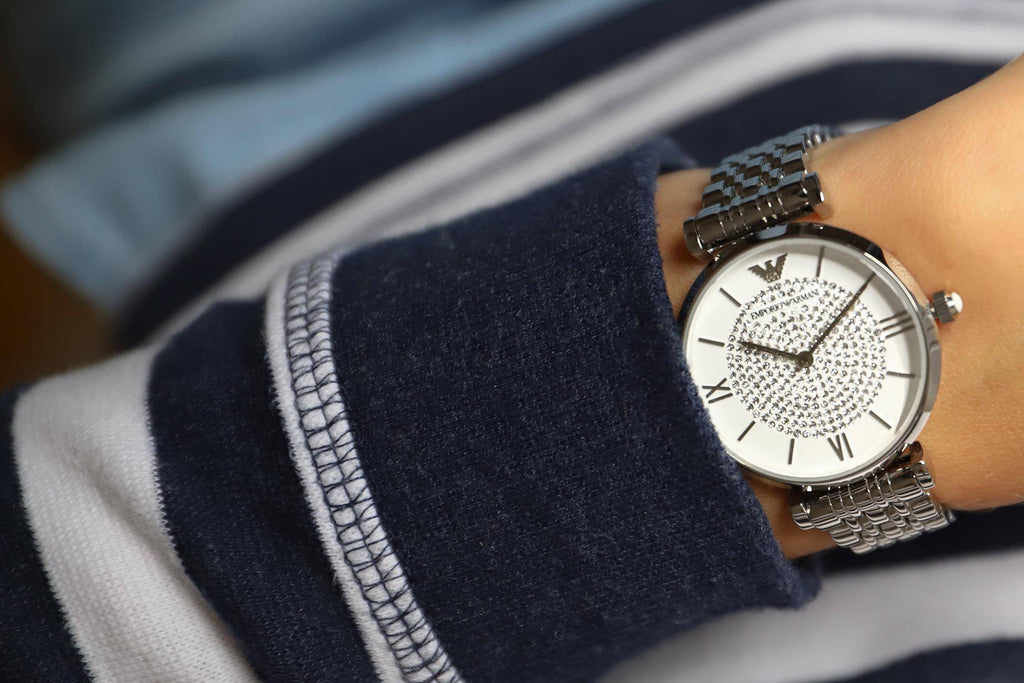 Emporio Armani Gianni T Bar White Crystal Pave Dial Silver Stainless Steel Strap Watch For Women - AR1925 Buy Now By Emporio Armani