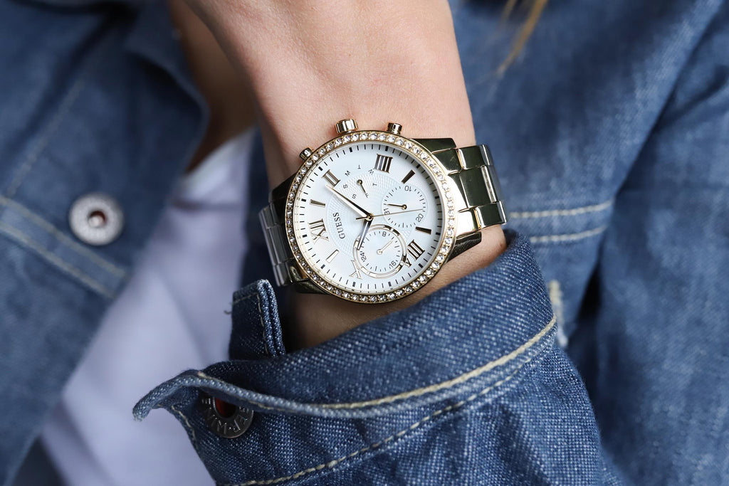 Guess Solar Chronograph Diamonds White Dial Gold Steel Strap Watch for Women - W1069L2 Buy Now By Guess