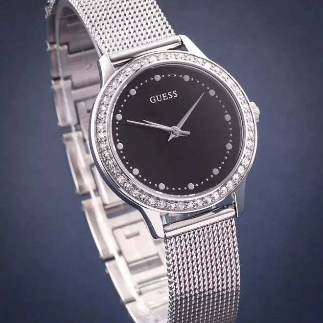 Guess Chelsea Crystals Black Dial Silver Mesh Bracelet Watch For Women - W0647L5 Buy Now By Guess