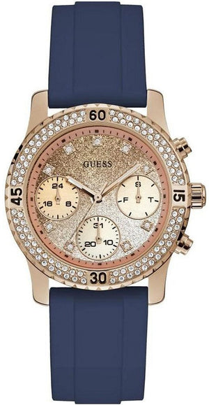 Guess Confetti Diamonds Gold Dial Blue Rubber Strap Watch For Women - W1098L6 Buy Now By Guess