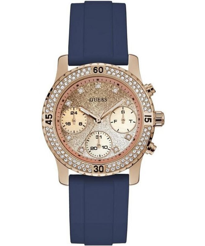 Guess Confetti Diamonds Gold Dial Blue Rubber Strap Watch For Women - W1098L6 Buy Now By Guess
