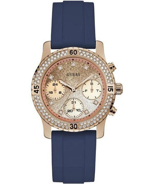 Guess Confetti Diamonds Gold Dial Blue Rubber Strap Watch For Women - W1098L6 Buy Now By Guess