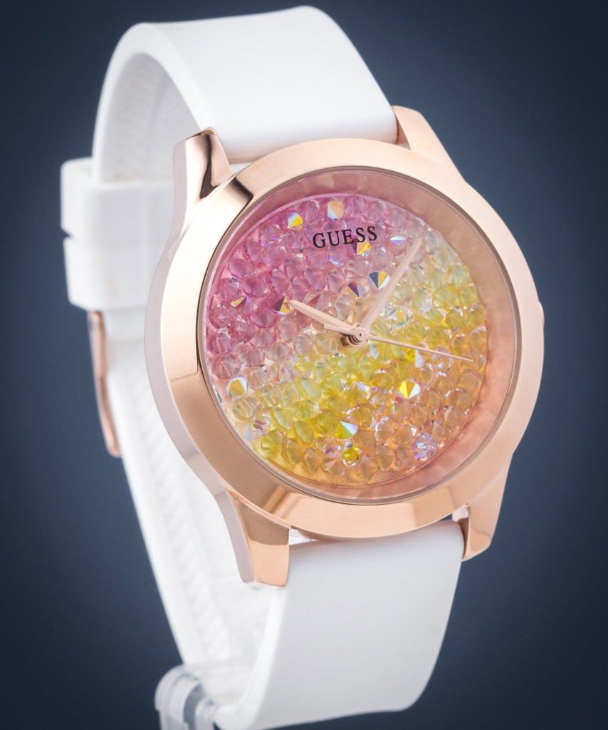 Guess Crush Crystals Gold Dial White Rubber Strap Watch for Women - W1223L3 Buy Now By Guess