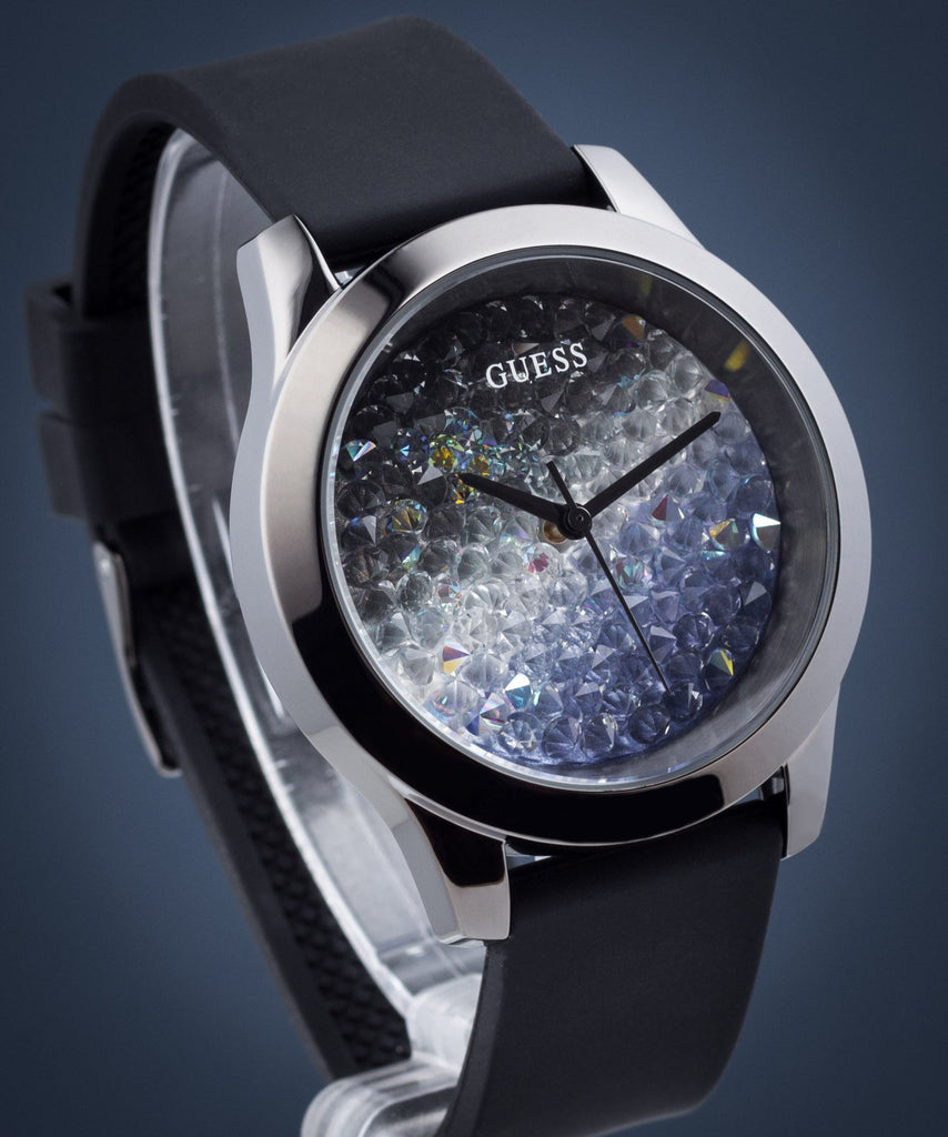 Guess Crush Crystals Silver Dial Black Rubber Strap Watch for Women - W1223L4 Buy Now By Guess
