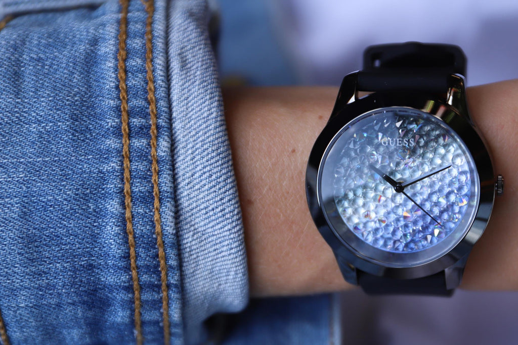 Guess Crush Crystals Silver Dial Black Rubber Strap Watch for Women - W1223L4 Buy Now By Guess