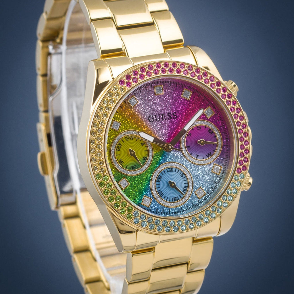 Guess Confetti Chronograph Rainbow Dial Gold Steel Strap Watch For Women - GW0483L4 Buy Now By Guess