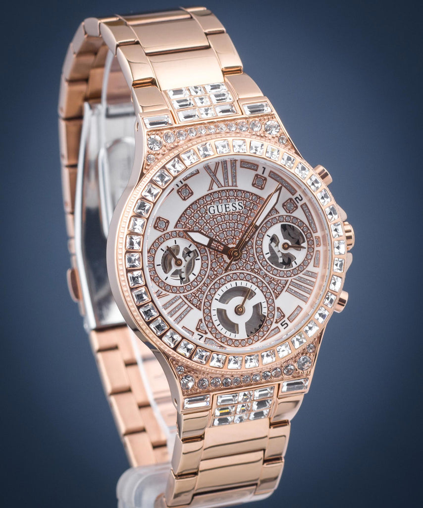 Guess Moonlight Multi Function Diamonds White Dial Rose Gold Steel Strap Watch for Women - GW0320L3