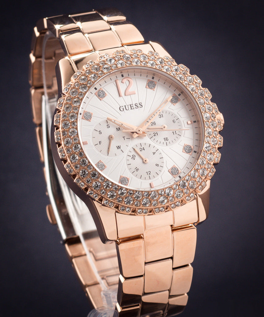 Guess Dazzler Diamonds Silver Dial Rose Gold Steel Strap Watch for Women - W0335L3 Buy Now By Guess