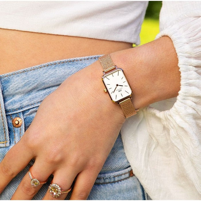 Daniel Wellington Quadro Melrose White Dial Gold Mesh Strap Watch For Women - DW00100431 Buy Now By Daniel Wellington