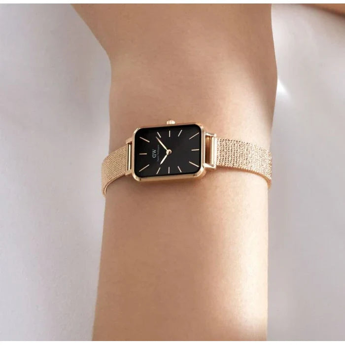 Daniel Wellington Quadro Melrose Black Dial Rose Gold Mesh Bracelet Watch For Women - DW00100432 Buy Now By Daniel Wellington