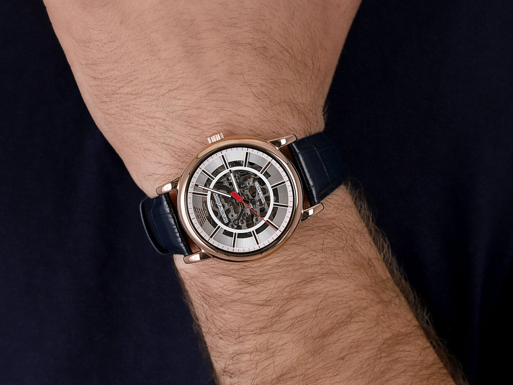 Emporio Armani Meccanico Silver Dial Blue Leather Strap Watch For Men - AR60009 Buy Now By Emporio Armani