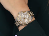 Guess Frontier Chronograph Crystals Gold Dial Two Tone Steel Strap Watch For Women - W1156L5 Buy Now By Guess