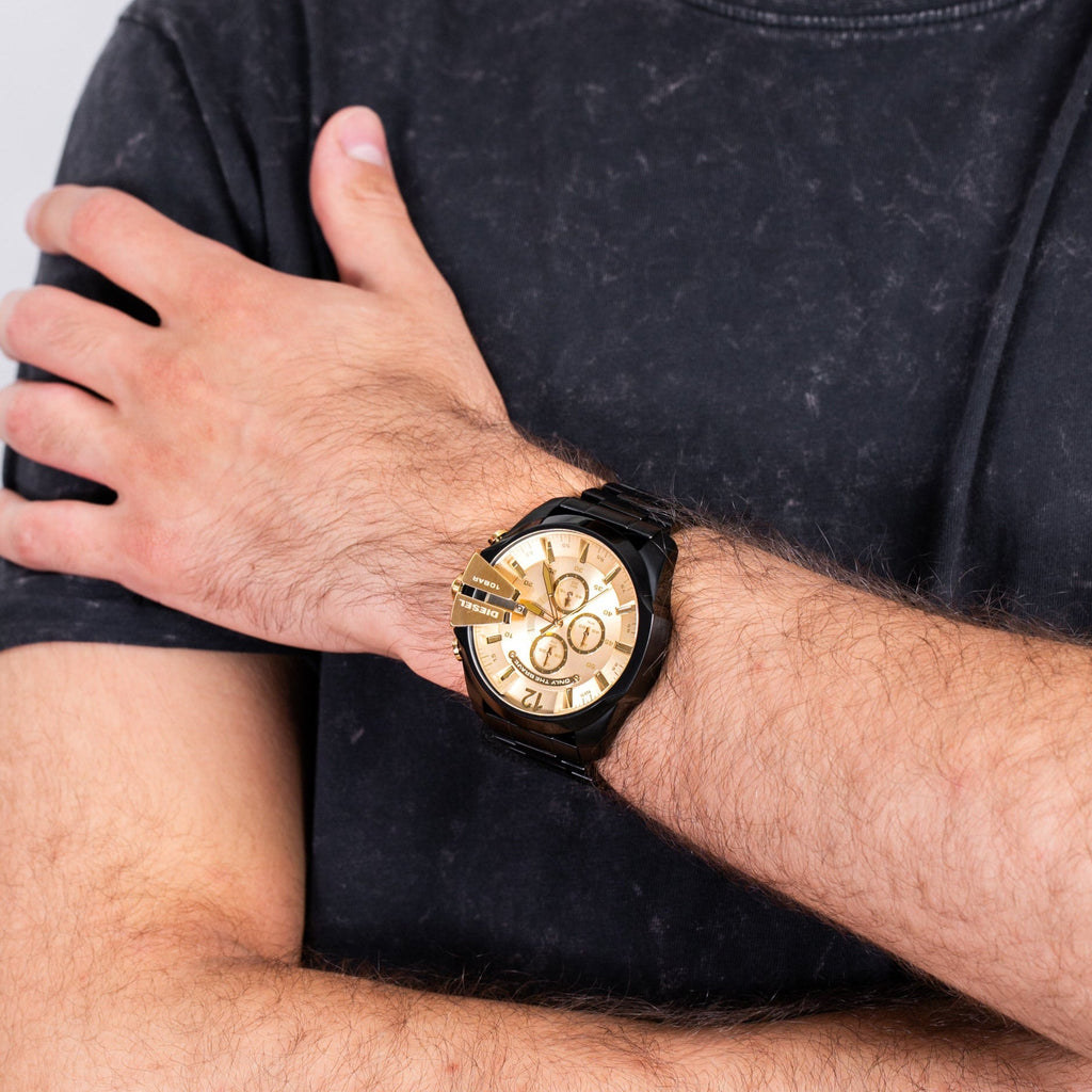 Diesel Mega Chief Chronograph Gold Dial Black Steel Strap Watch For Men - DZ4485 Buy Now By Diesel