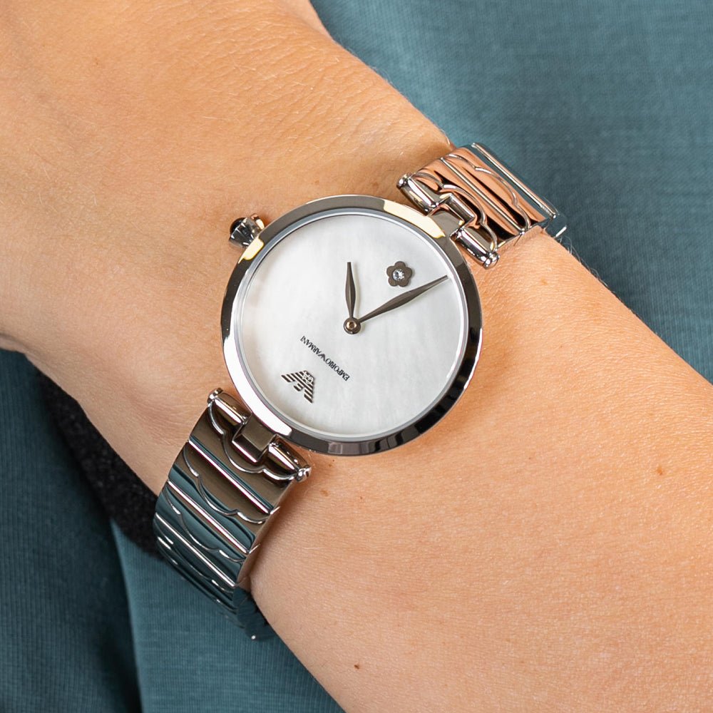 Emporio Armani Mother of Pearl Dial Silver Steel Strap Watch For Women - AR11235 Buy Now By Emporio Armani