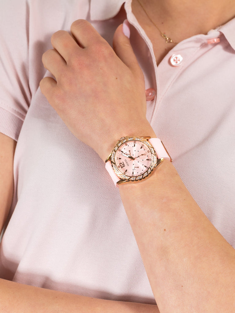 Guess Sparkling Diamonds Pink Dial Pink Rubber Strap Watch for Women - W0032L9 Buy Now By Guess