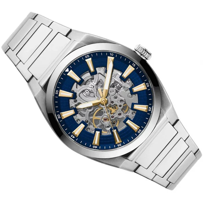 Fossil Everett Automatic Skeleton Blue Dial Silver Steel Strap Watch for Men - ME3220 Buy Now By Fossil