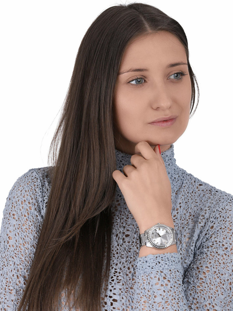 Guess Sparkler Diamonds Silver Dial Silver Steel Strap Watch for Women - GW0111L1 Buy Now By Guess