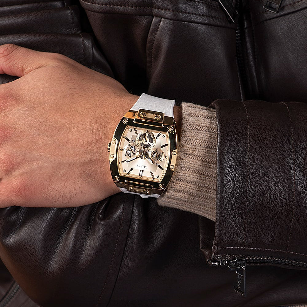 Guess Phoenix Multifunction Gold Dial White Leather Strap Watch for Men - GW0202G6 Buy Now By Guess